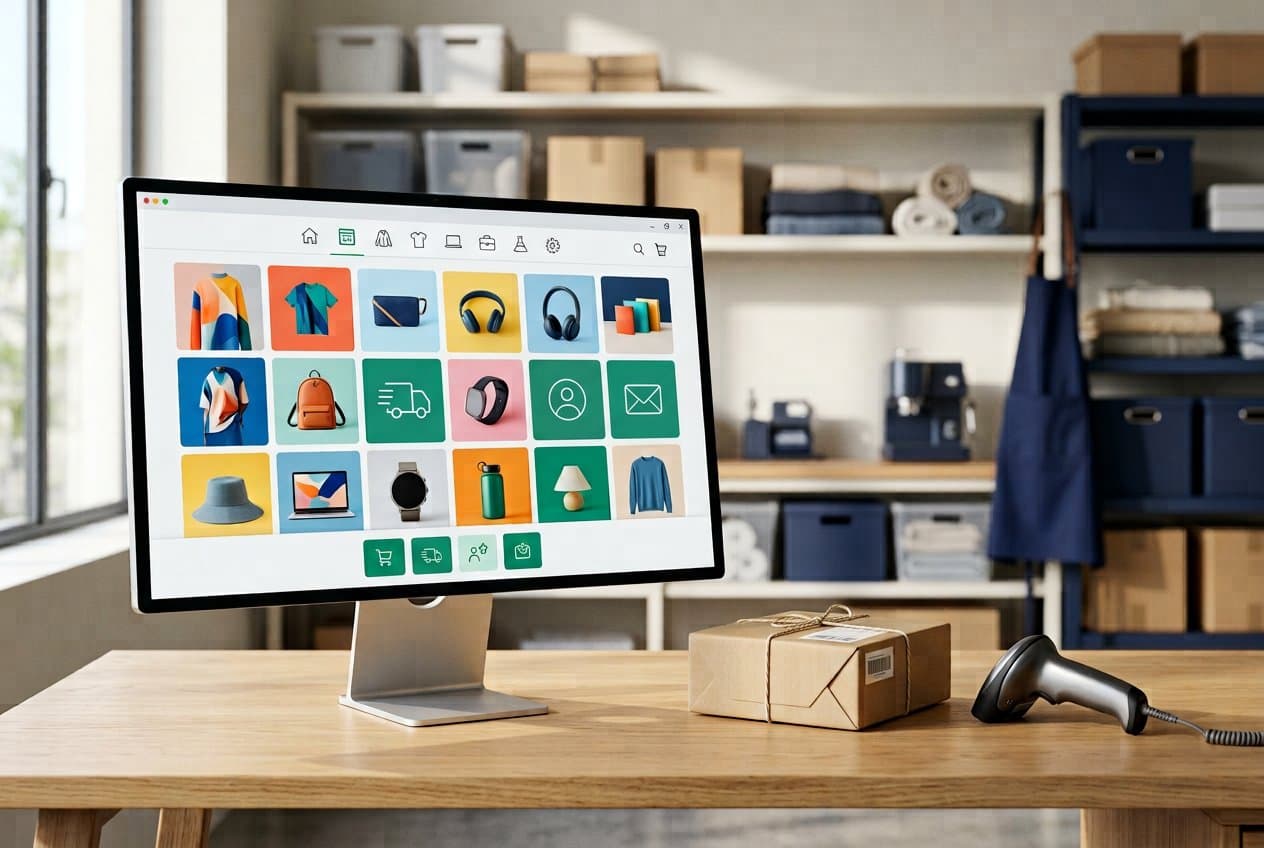 Marketplace dashboard with product cards, a parcel and barcode scanner in a bright studio