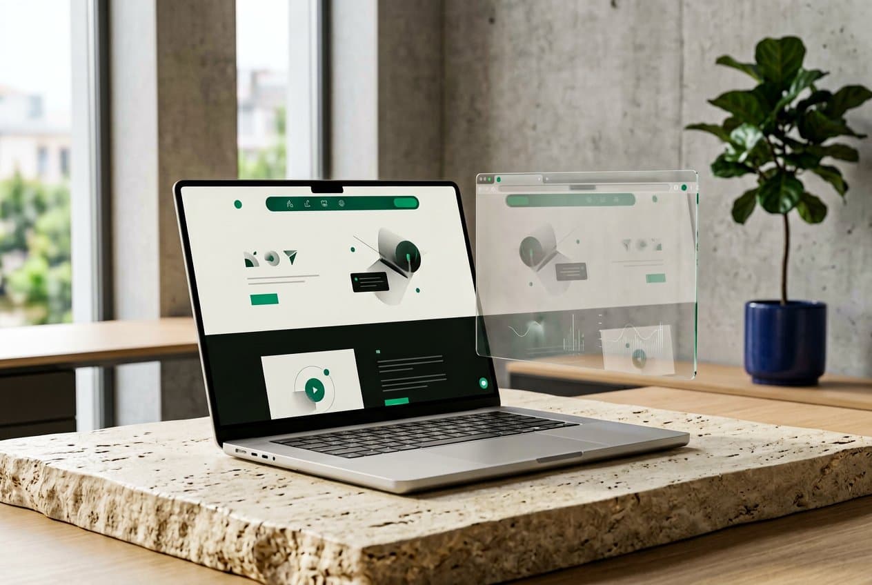 Silver laptop with an emerald website interface and floating browser panel in an ivory studio