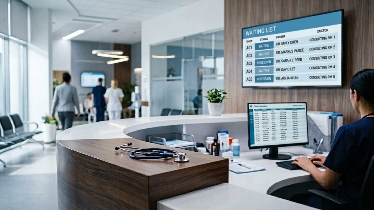 Clinic reception with an appointment queue display and a patient schedule on screen