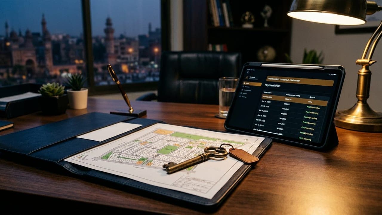 Plot file and society layout map beside a tablet showing an instalment schedule