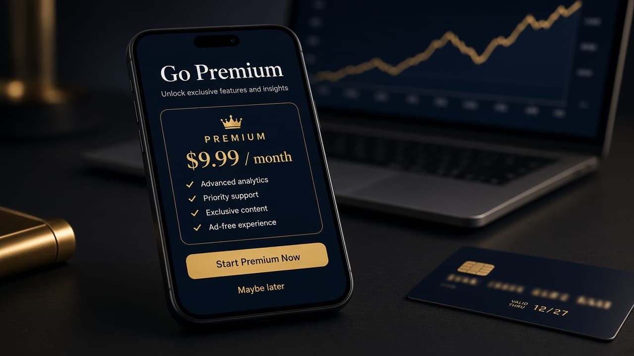 In-app subscription paywall on a smartphone beside a revenue graph