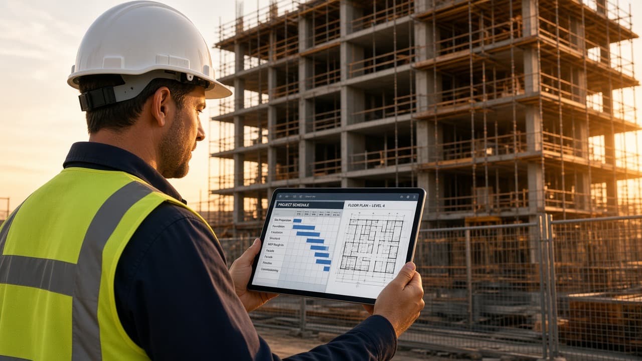 Site engineer checking a project schedule on a tablet in front of a building under construction