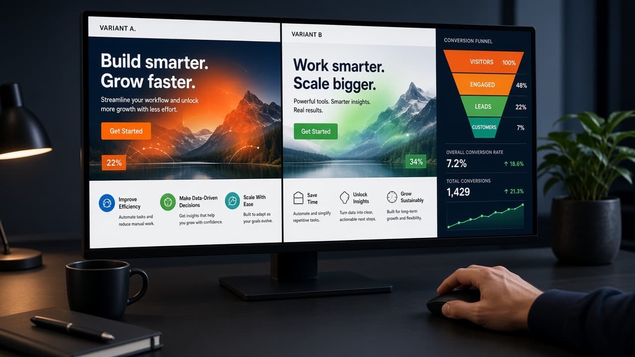Two landing-page variants with a heatmap overlay on a large monitor