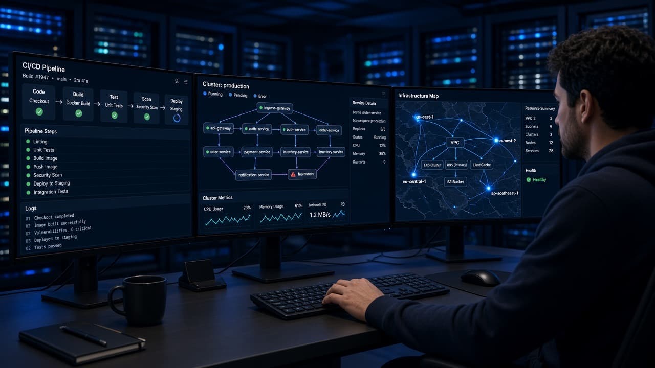 Cloud operations monitors showing a CI/CD pipeline and cluster graph