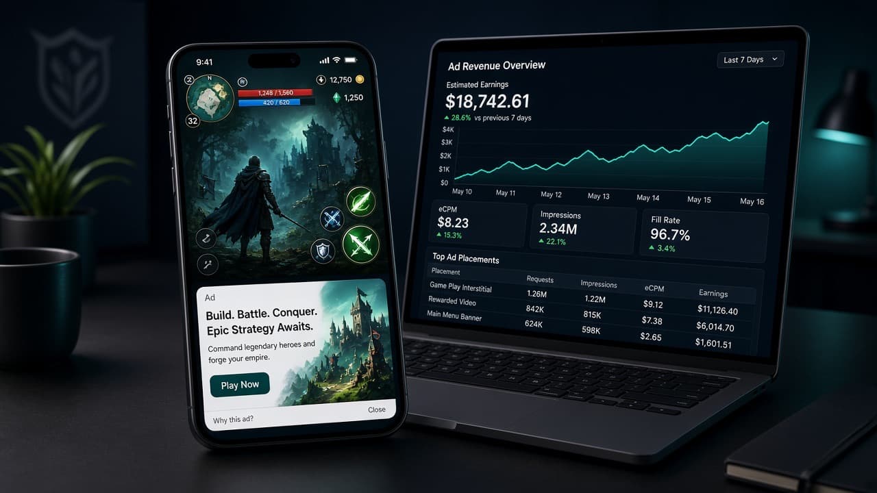 Mobile game on a phone with a native ad card and revenue charts