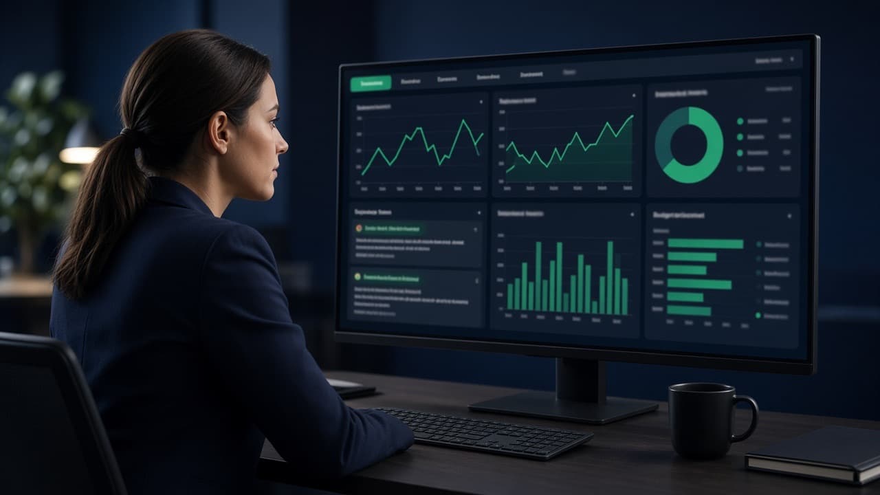 Paid-search dashboard with graphs and search-ad previews on a widescreen