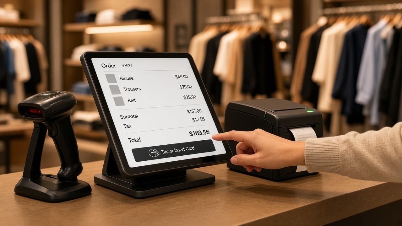 Retail counter taking a card payment on a point-of-sale terminal