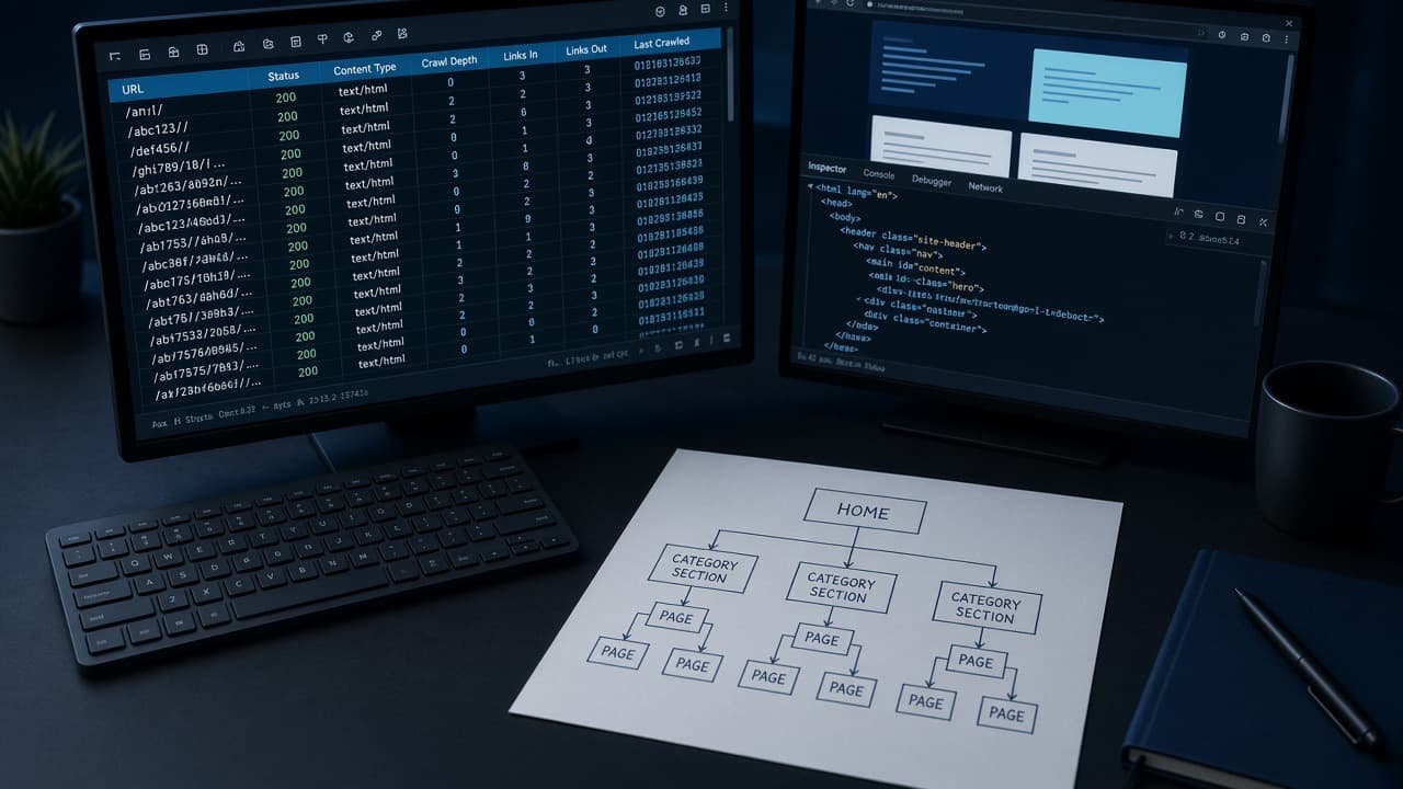 Technical SEO workstation with a crawl table and HTML inspector