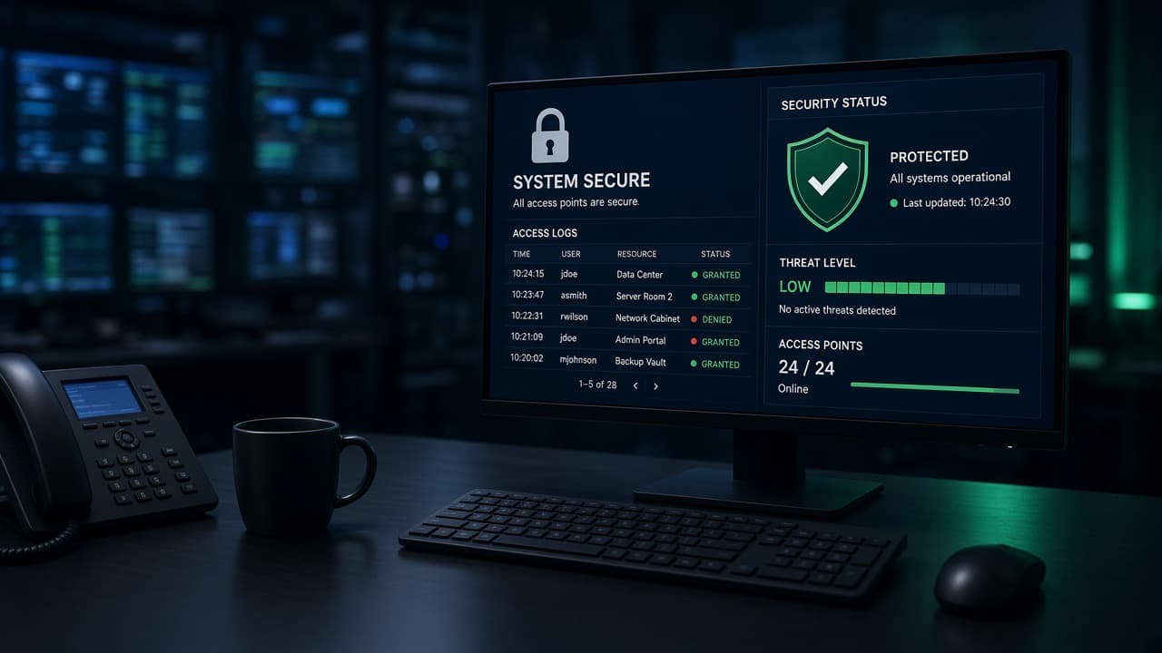 Security operations desk with access logs and a lock-status dashboard