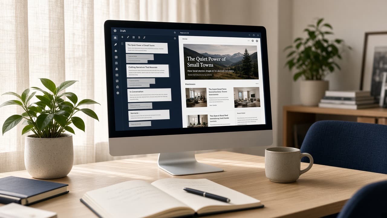 Editorial office with a content management editor and blog layout on an iMac