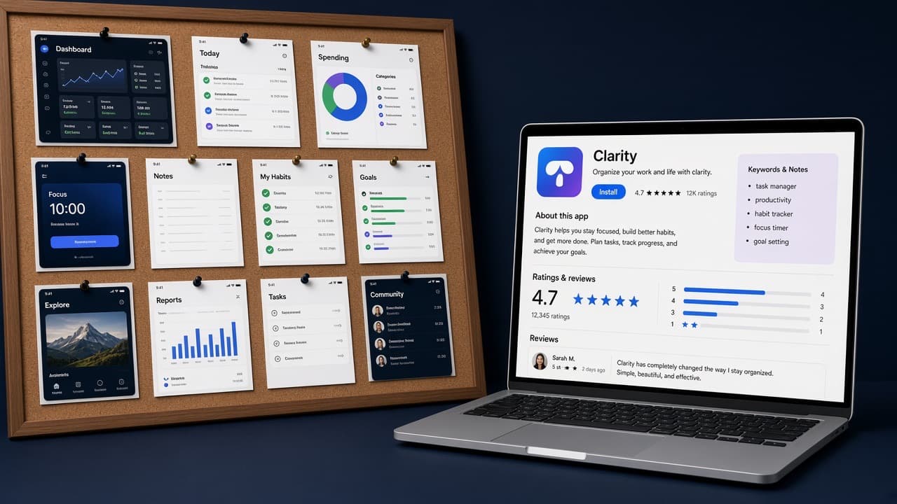 App listing screenshots on a pinboard with keyword notes