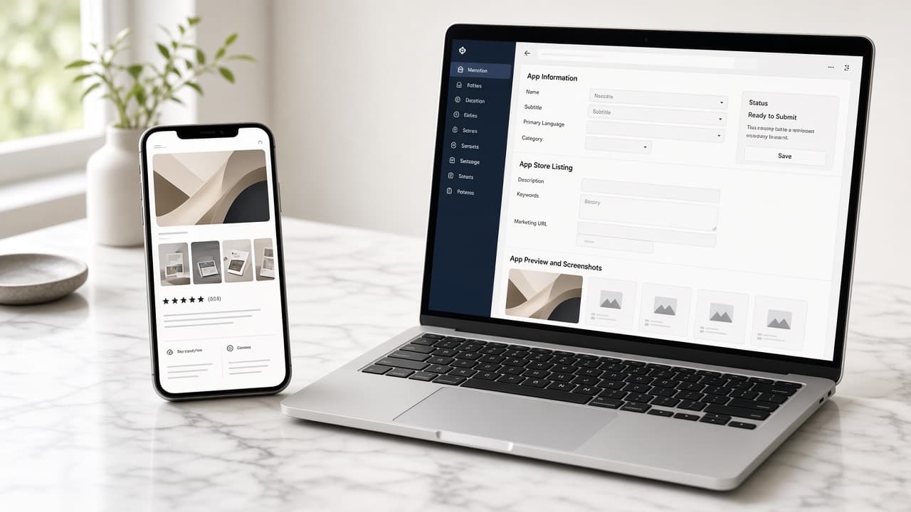 iPhone app listing beside an App Store publishing dashboard