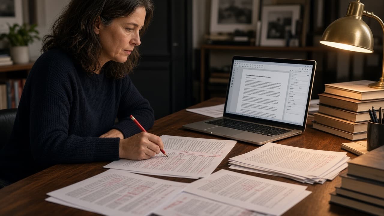 Writer editing long-form drafts at an editorial desk