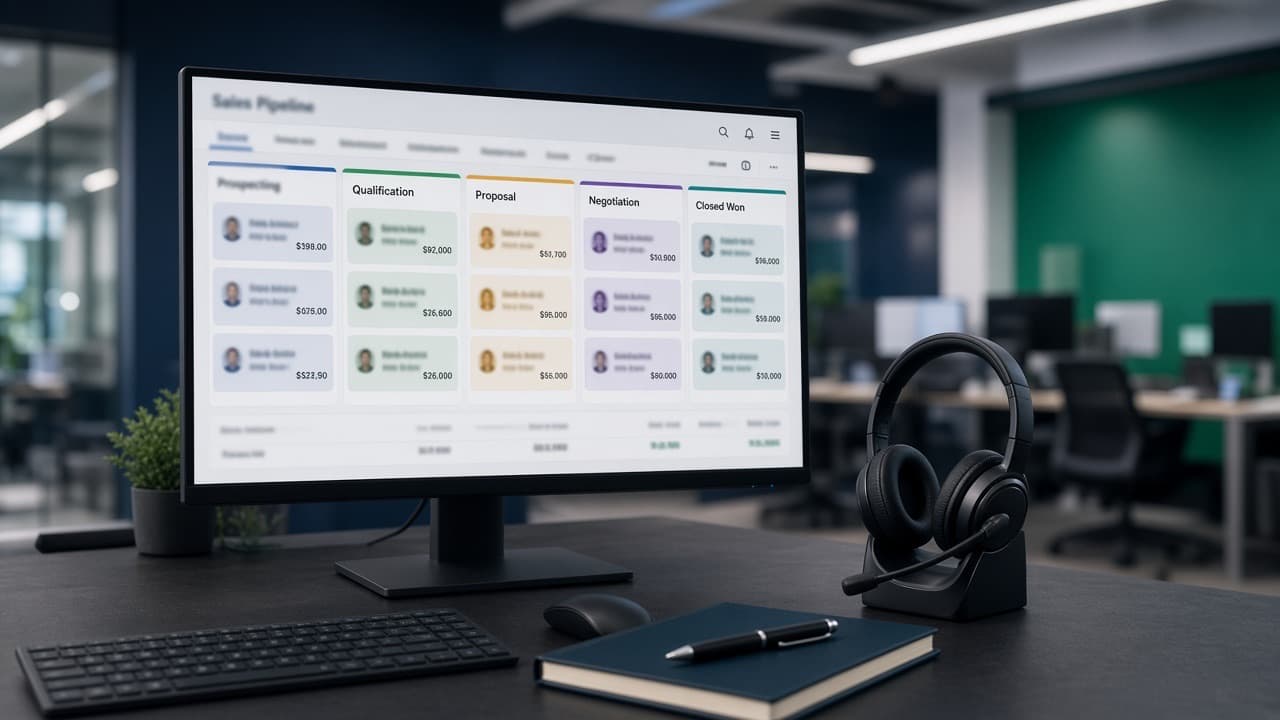 Sales operations monitor showing a CRM pipeline and contact cards