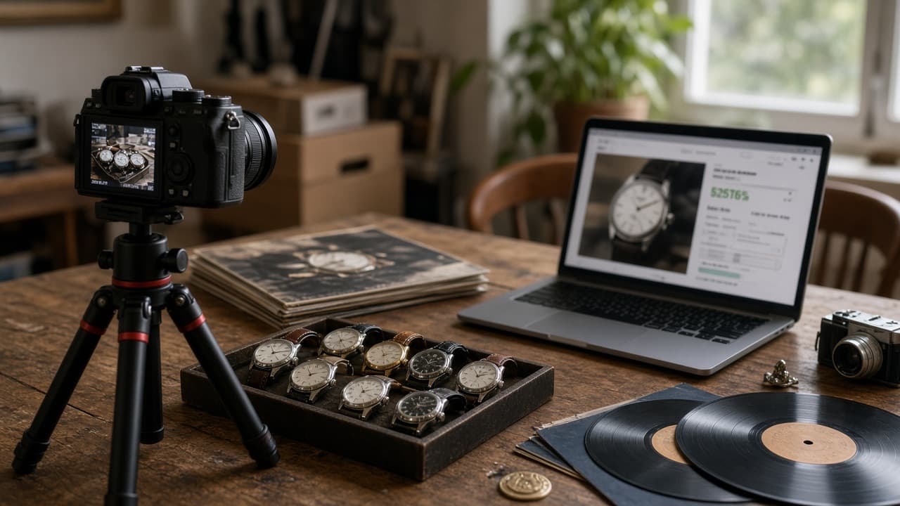 Collectibles being photographed for an online auction listing