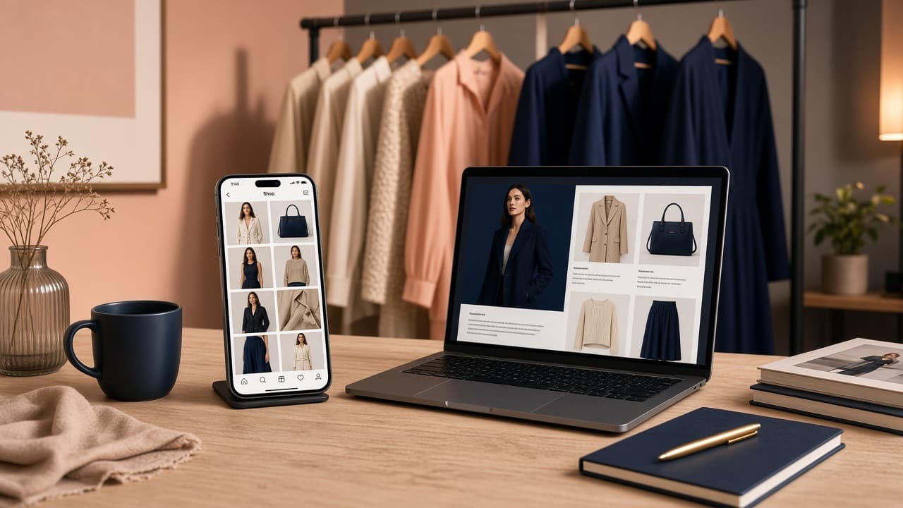 Fashion studio with a phone product grid and clothing rack