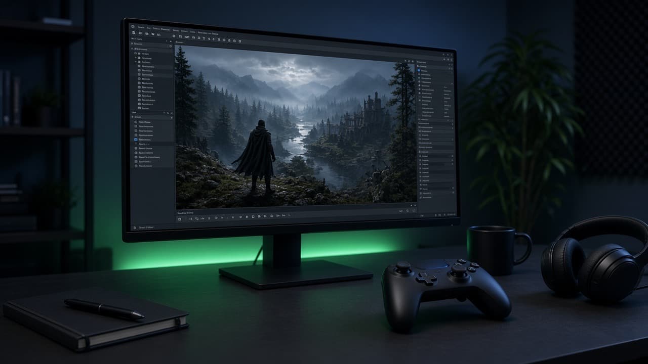 Game studio desk with a 3D engine viewport and a controller