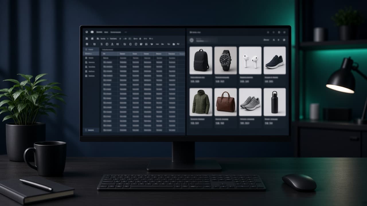 Product feed spreadsheet and shopping-ad previews on a dual-monitor desk