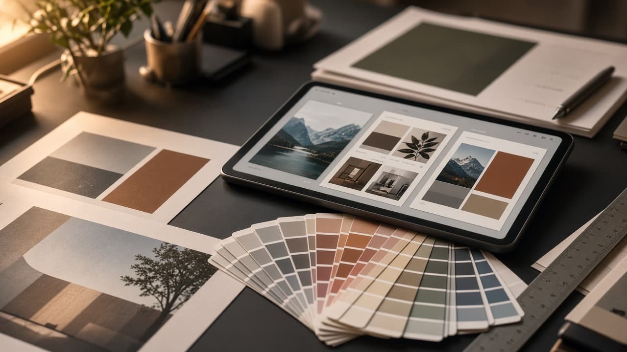 Graphic design desk with printed proofs, colour swatches and an iPad