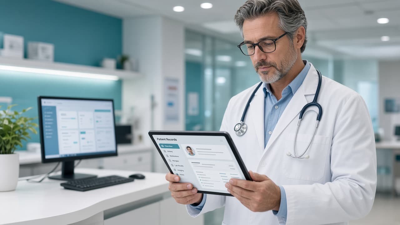 Doctor reviewing a patient records portal on a tablet in a modern clinic