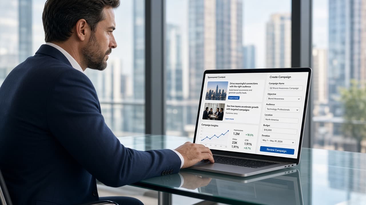 B2B professional reviewing a sponsored campaign on a laptop
