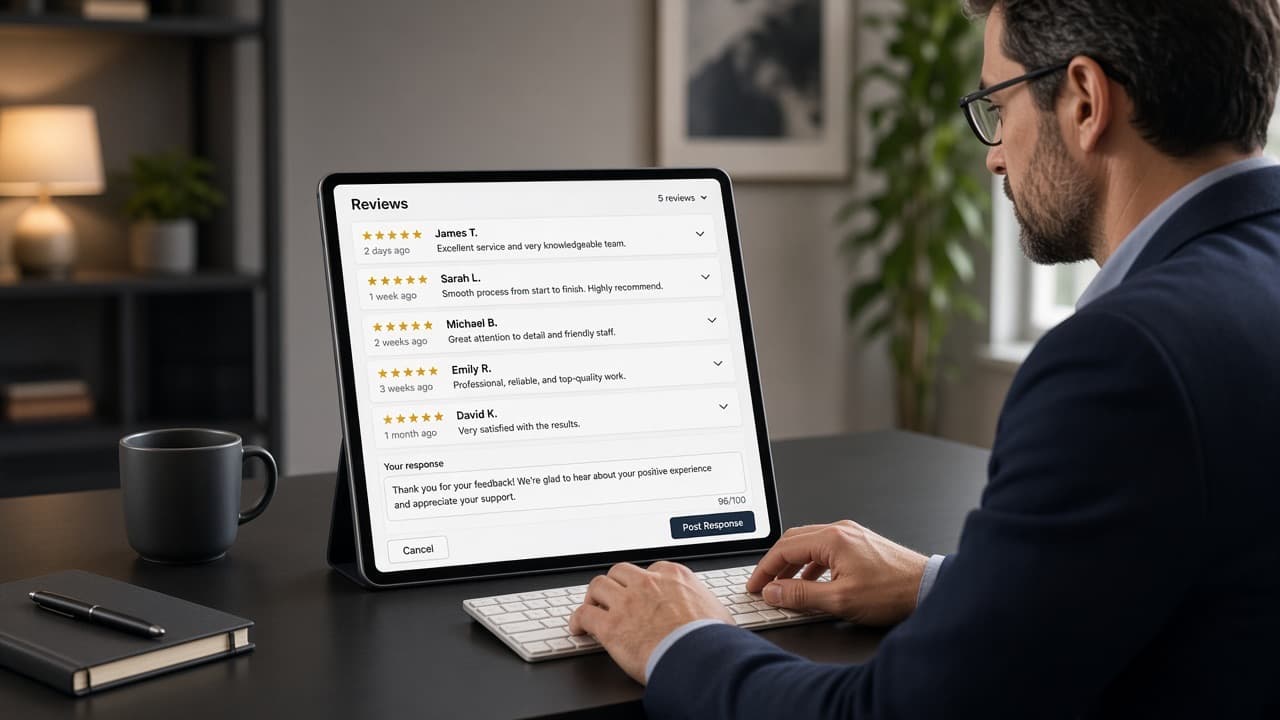 Tablet showing review cards while a manager writes a reply