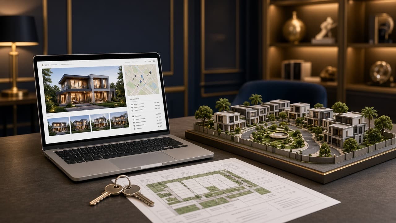 Property listing portal on a laptop beside a housing-society architectural model