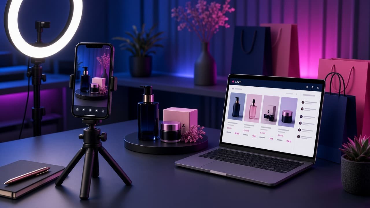Creator filming products for a live shop with a ring light and tripod