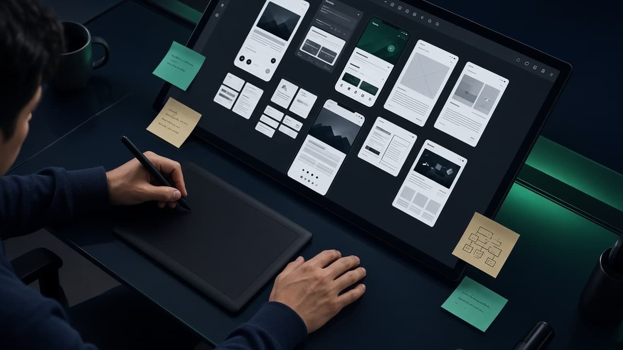 Product designer arranging interface frames and phone mockups on a large display