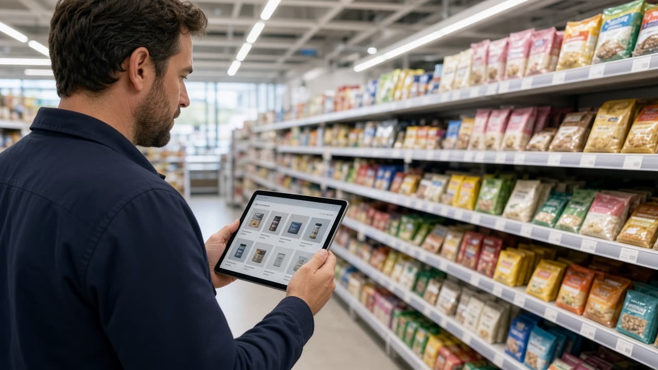 Retail aisle with a merchandiser reviewing a marketplace catalogue on a tablet