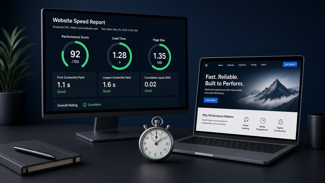 Website performance scores and a stopwatch on a studio desk