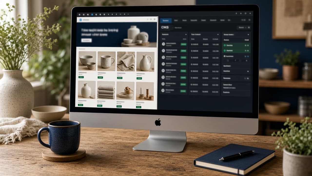 Commerce studio with a storefront and shop dashboard on a desktop screen