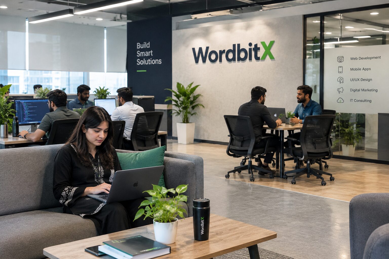 WordbitX studio, Lahore — engineer shipping from the lounge sofa under the Ideas, Code, Impact wall