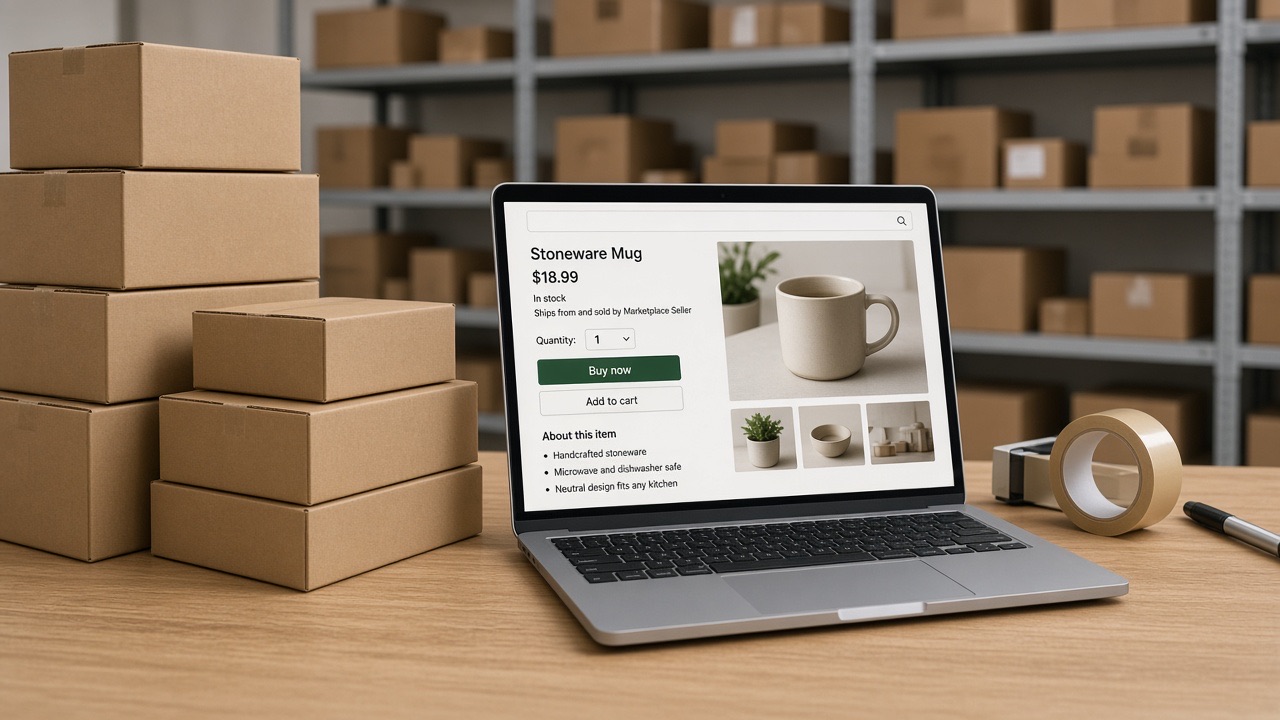 Marketplace seller packing brown shipping boxes with a product listing on a laptop