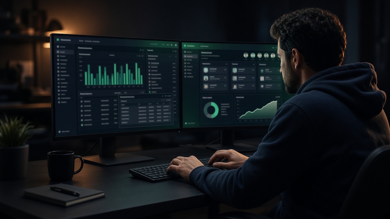 Engineer working on a custom web application dashboard across dual monitors