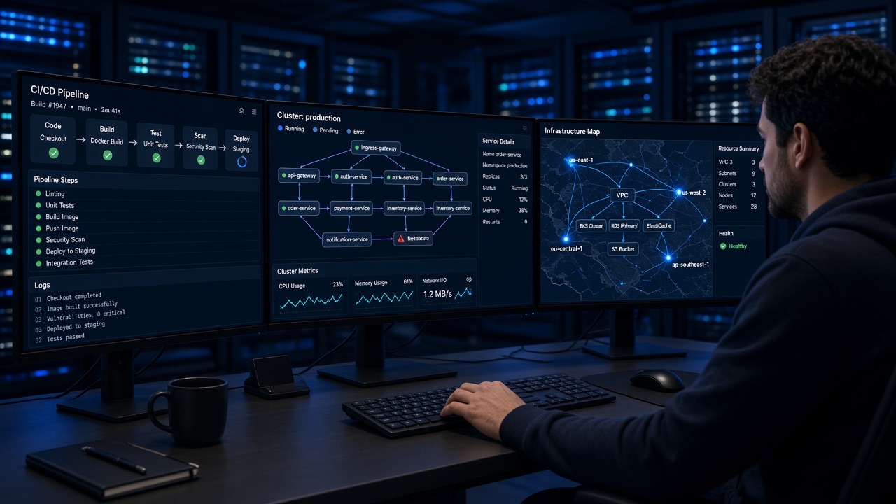 Cloud operations monitors showing a CI/CD pipeline and cluster graph