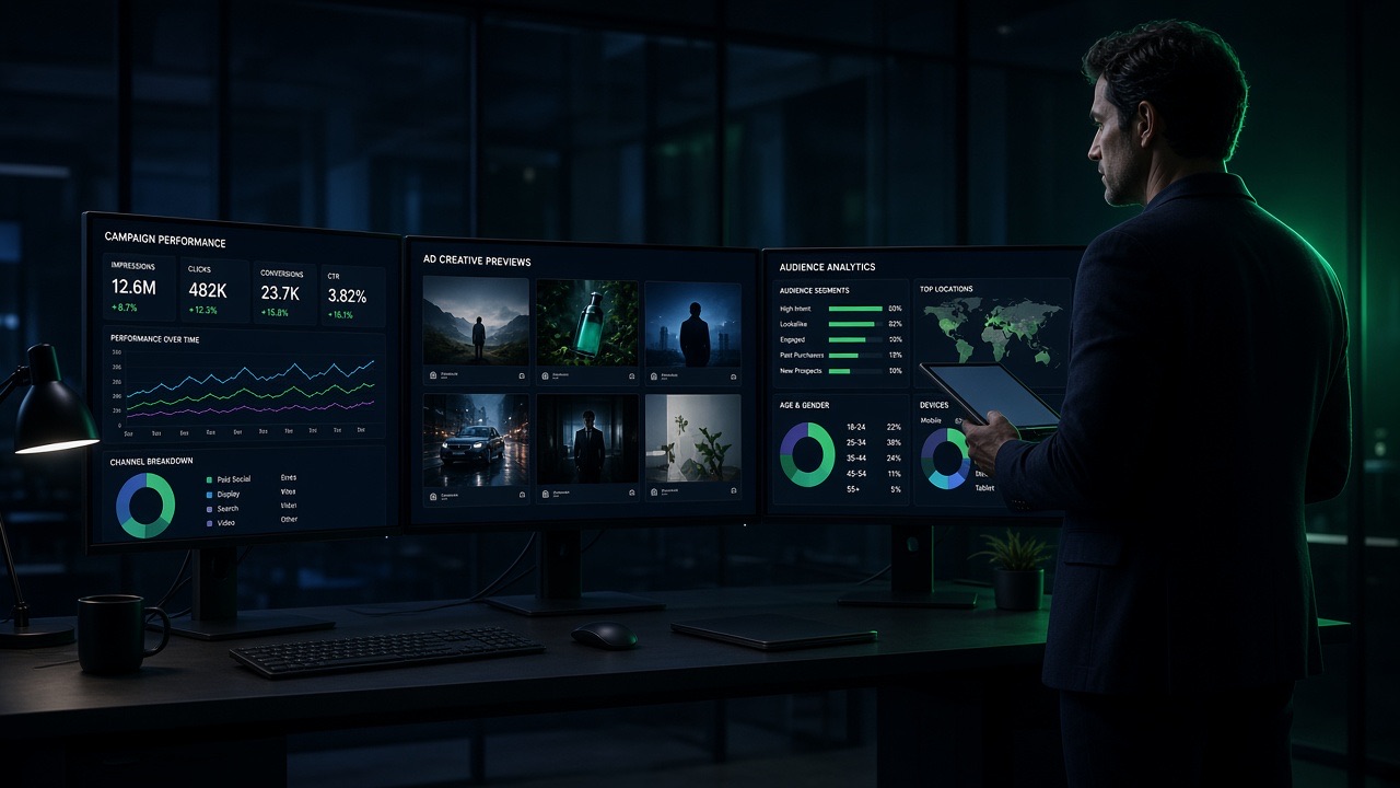 Marketing analytics and lead-routing dashboards on multiple screens