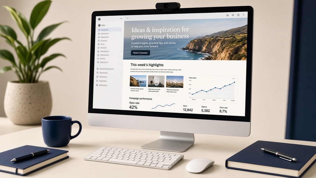 Newsletter layout and campaign metrics on an iMac