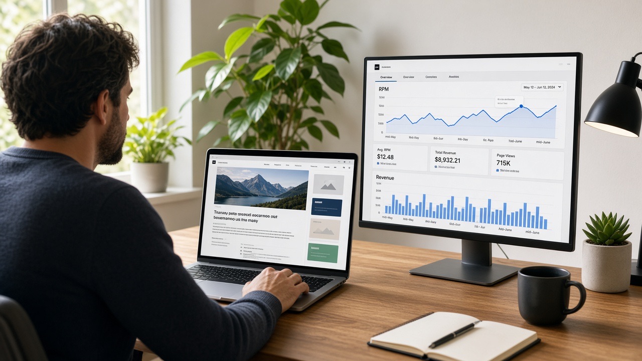 Publisher website with ad slots and revenue charts