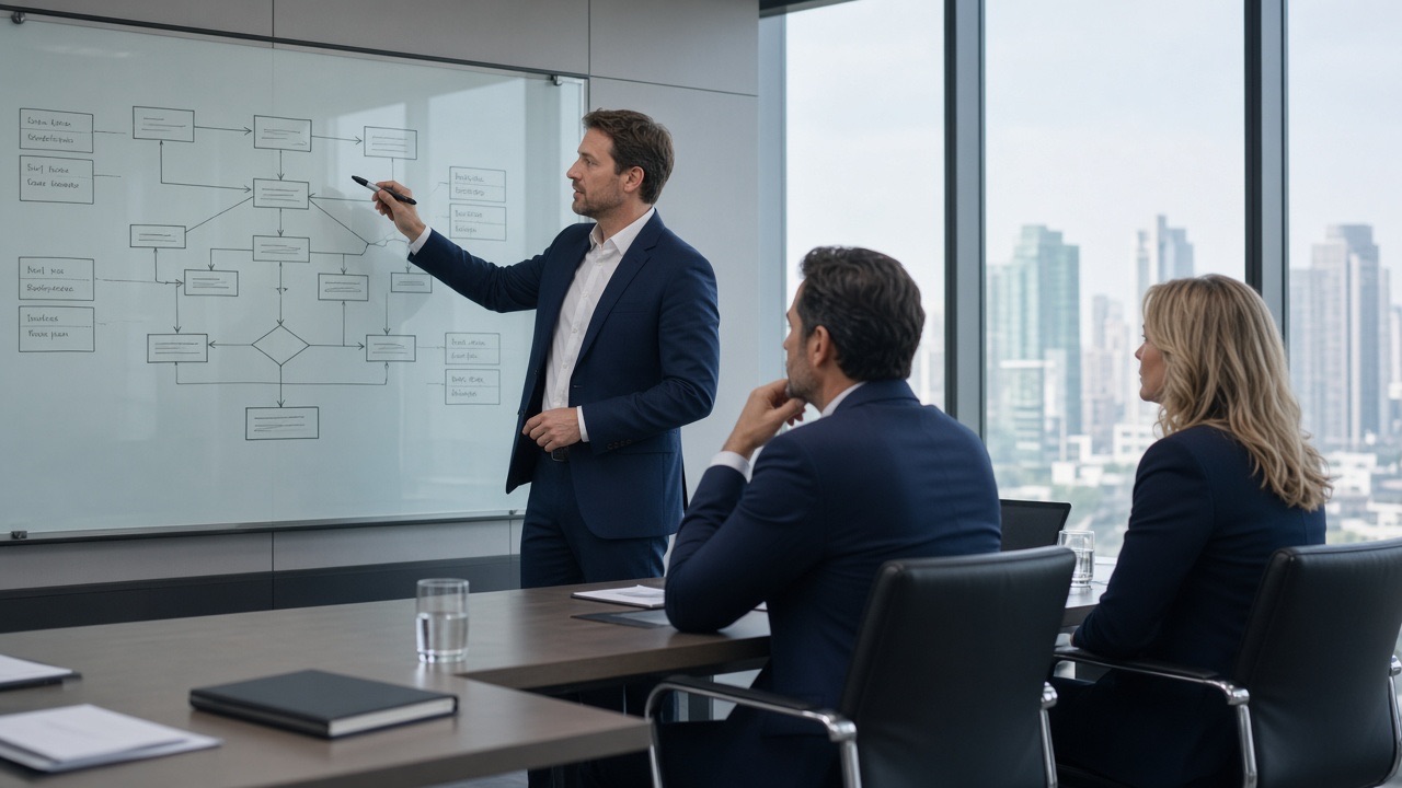 Consultant presenting a systems diagram on a glass whiteboard to clients