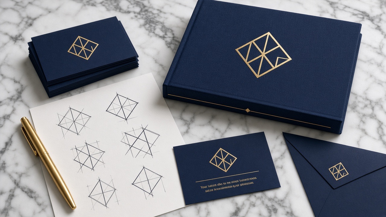 Brand identity still life with stationery, a brand book and mark sketches