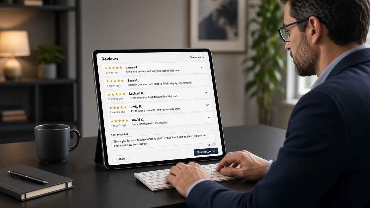 Tablet showing review cards while a manager writes a reply