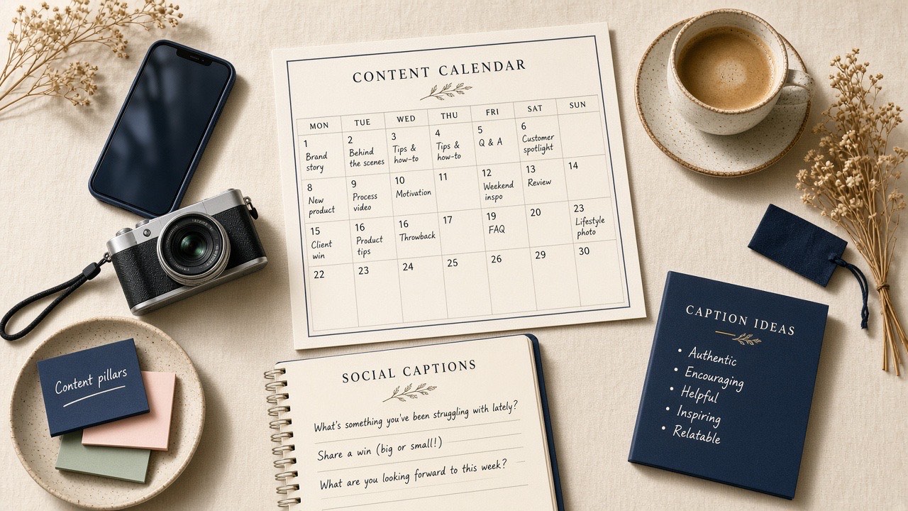 Content-calendar flatlay with a camera, phone and editorial notes