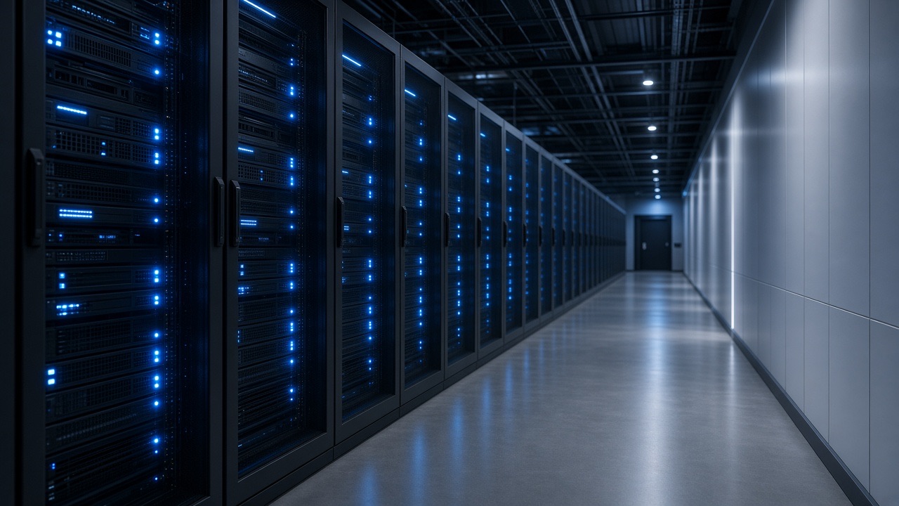 Modern datacenter corridor with rows of server racks